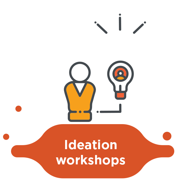 Icon graphic with charts and graphs representing ideation workshops.