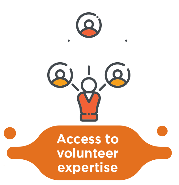 Icon graphic with charts and graphs representing access to volunteer expertise.