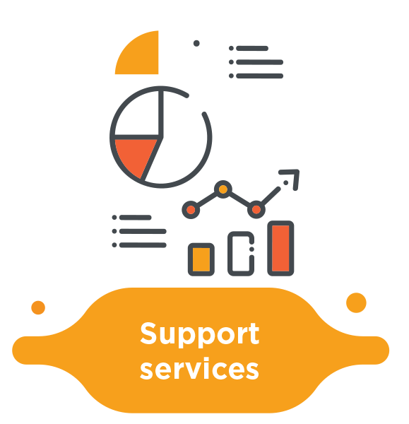 Icon graphic with charts and graphs representing support services.